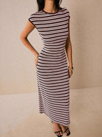 Striped Cap Sleeve Bodycon Midi Dress