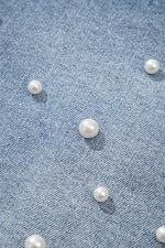 Pearl Beaded Raw Hem Wash Denim Shorts