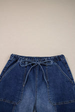 Drawstring Seam Detail Raw Hem Wide Leg Denim Pants