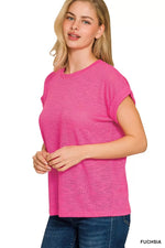 Zenana Hacci Slub Rolled Up Sleeve Tee