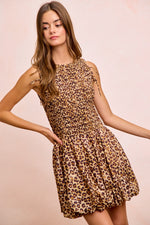 BiBi Leopard Bow Tie Attachable Puff Sleeves Dress
