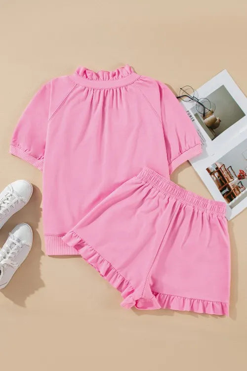 Half Zip Puff Sleeve Top and Ruffled Shorts Set