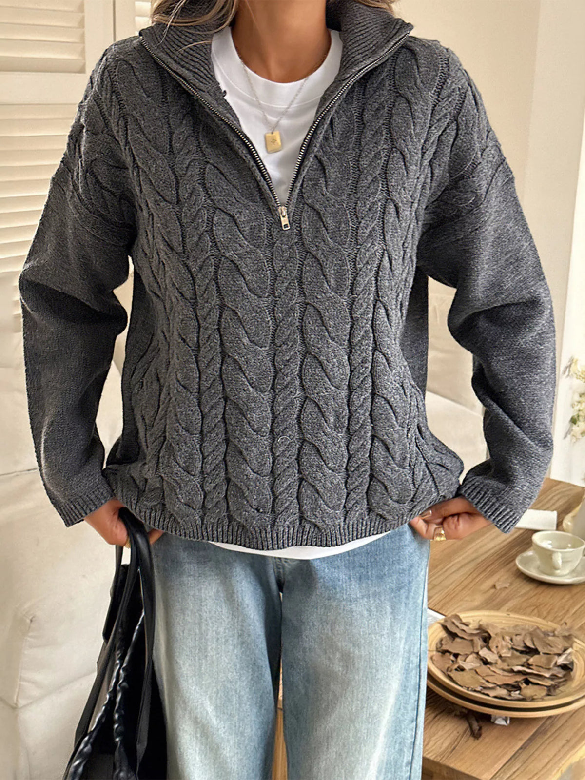 Zip Collar Cable-Knit Sweater