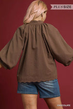 Umgee Full Size Textured Notched Balloon Sleeve Blouse Plus Size
