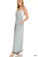 Zenana Denim Light Washed Wide Leg Overalls