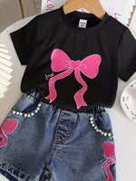 Children's Bowknot T-shirt and Denim Shorts Set