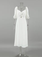 Twisted Front Puff Sleeve Midi Dress