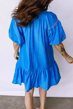 Flower Embroidered Split Neck Short Puff Sleeve Ruffle Hem Dress