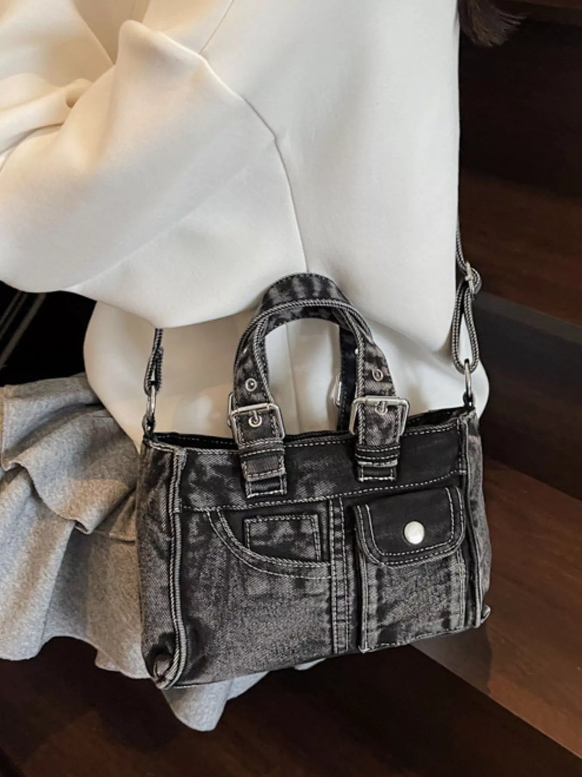 Vintage Washed Denim Crossbody Bag