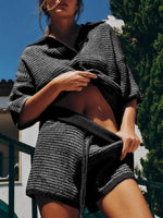 Collared Neck Contrast Striped Top and Shorts Sweater Set