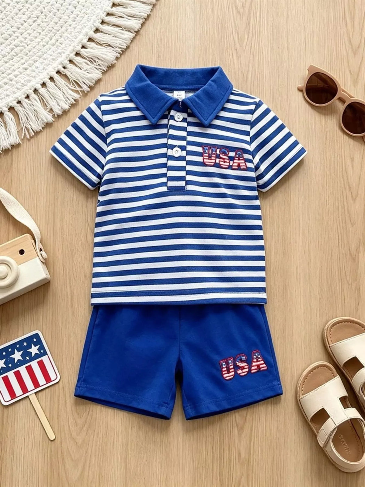 Children's Patriotic Striped Polo & Shorts Set