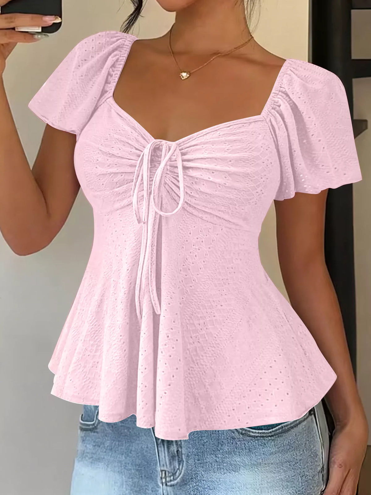 Sweetheart Neck Flutter Sleeve Top