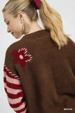 Umgee Flower Jacquard Striped Long Sleeve Sweater