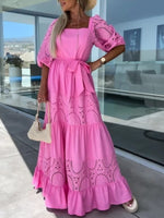 Lace Sleeve Belted Tiered Ruffled Maxi Dress