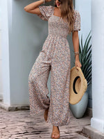 Perfee Ditsy Floral Smocked Square Neck Puff Sleeve Jumpsuit