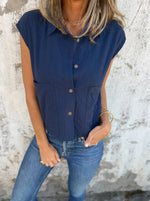 Full Size Button Down Cap Sleeve Linen Shirt Plus Size