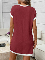 Contrast Trim Ribbed Knit Mini Dress with Pocket