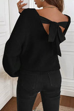 Ribbed Knit Ribbon Knot Backless Drop Shoulder Sweater