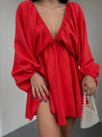 Deep V-Neck Balloon Sleeve Dress