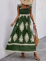 Smocked Printed Square Neck Maxi Dress