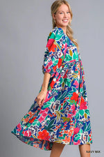 Umgee Floral Print Tie Neck Midi Dress with Pockets