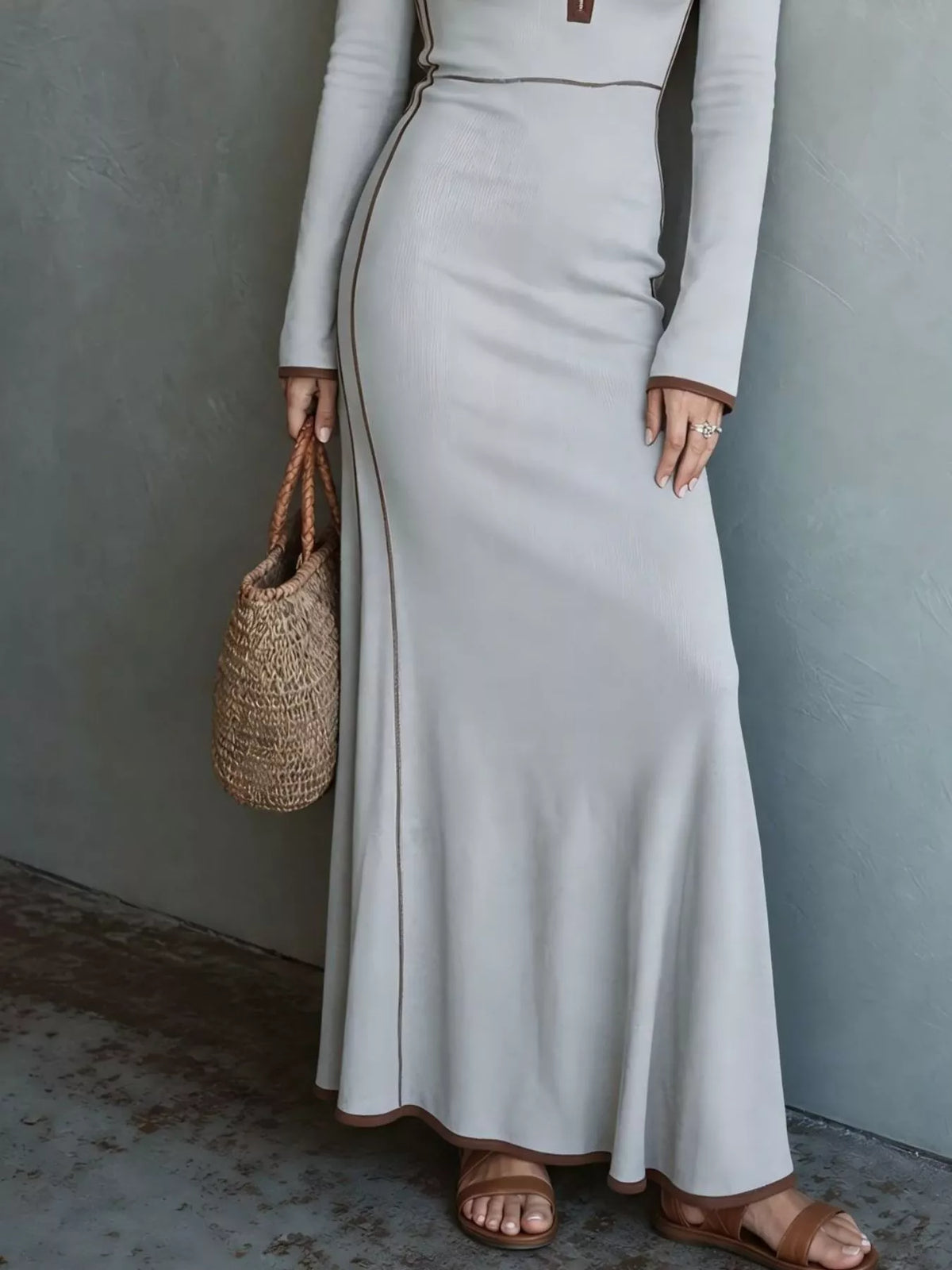 Full Size Contrast Trim Zip-Up Long Sleeve Knit Maxi Dress Plus Size