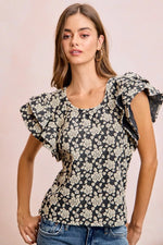BiBi Floral Jacquard Ruffle Sleeves Knit Top