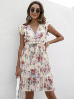 Pleated Floral Print Ruffle Sleeve Dress