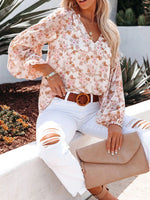 Full Size Floral Print V-Neck Long Sleeve Blouse Plus Size