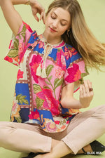 Umgee Mix Floral Patchwork Tassel Tie Top
