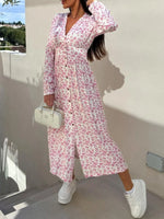 Floral Print Long Sleeve V-Neck Dress