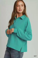Umgee Brushed Waffle Polo Collared Pullover