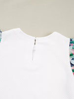 Abstract Print Tiered Ruffled Sleeve Textured Knit Top
