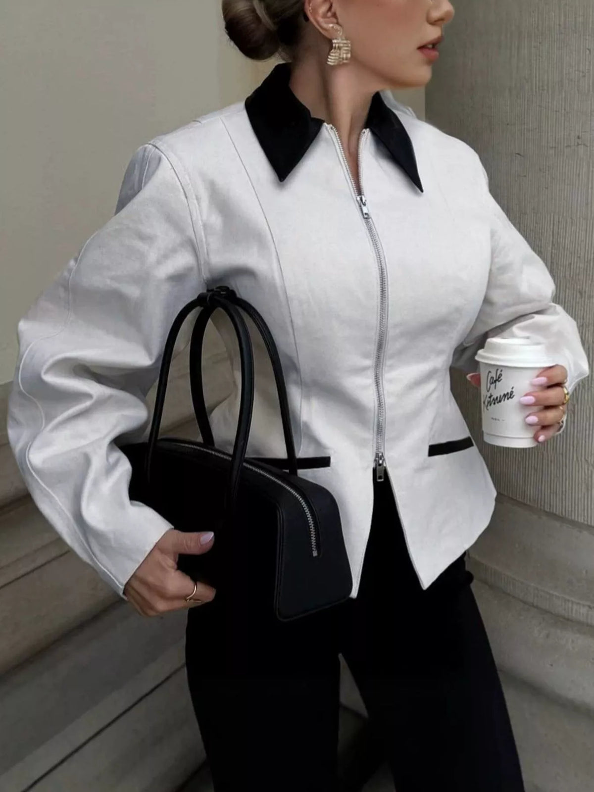 Contrast Collar Zip-Up Jacket