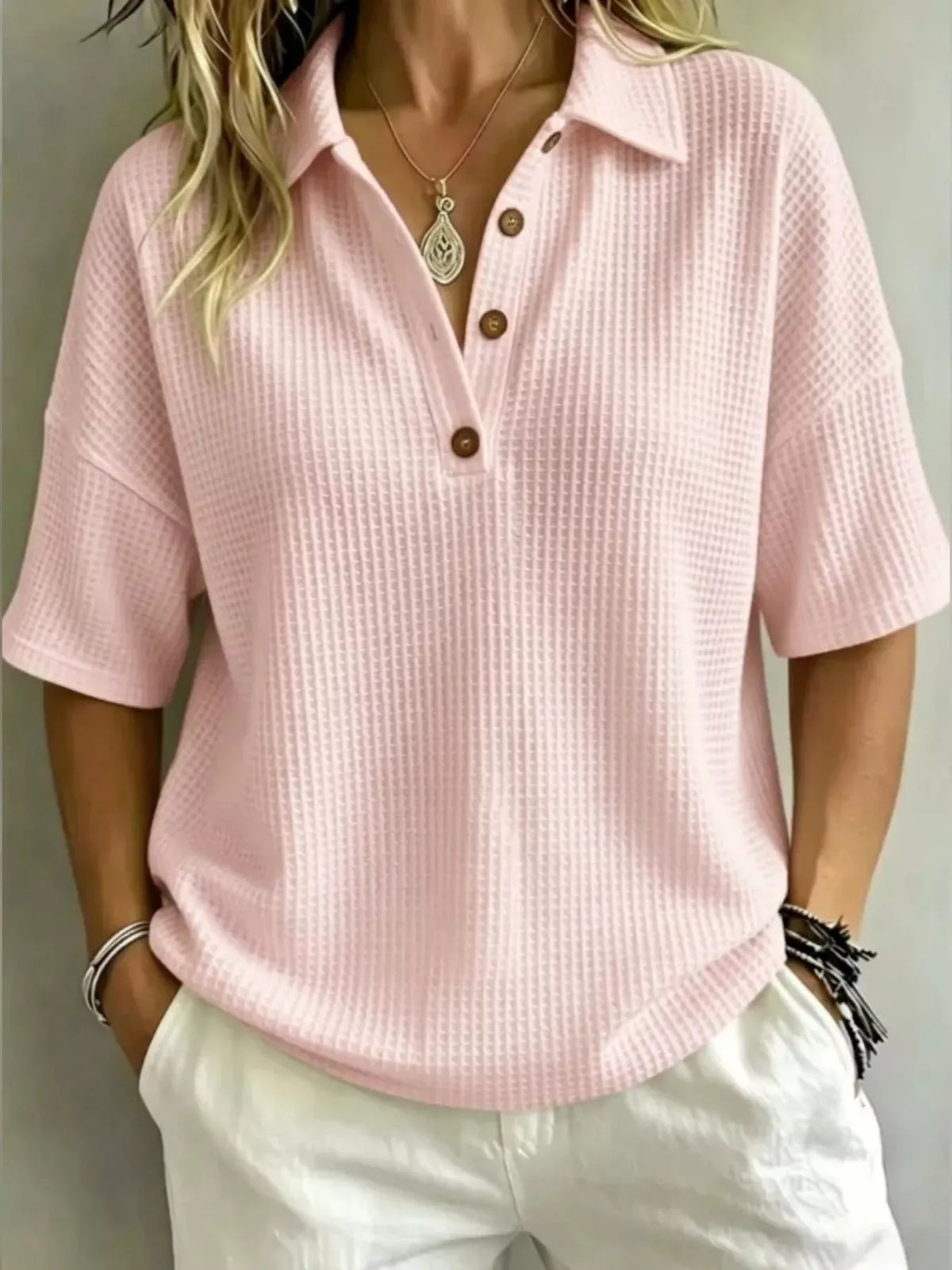 Full Size Waffle Knit Polo Top with Button Detail Plus Size