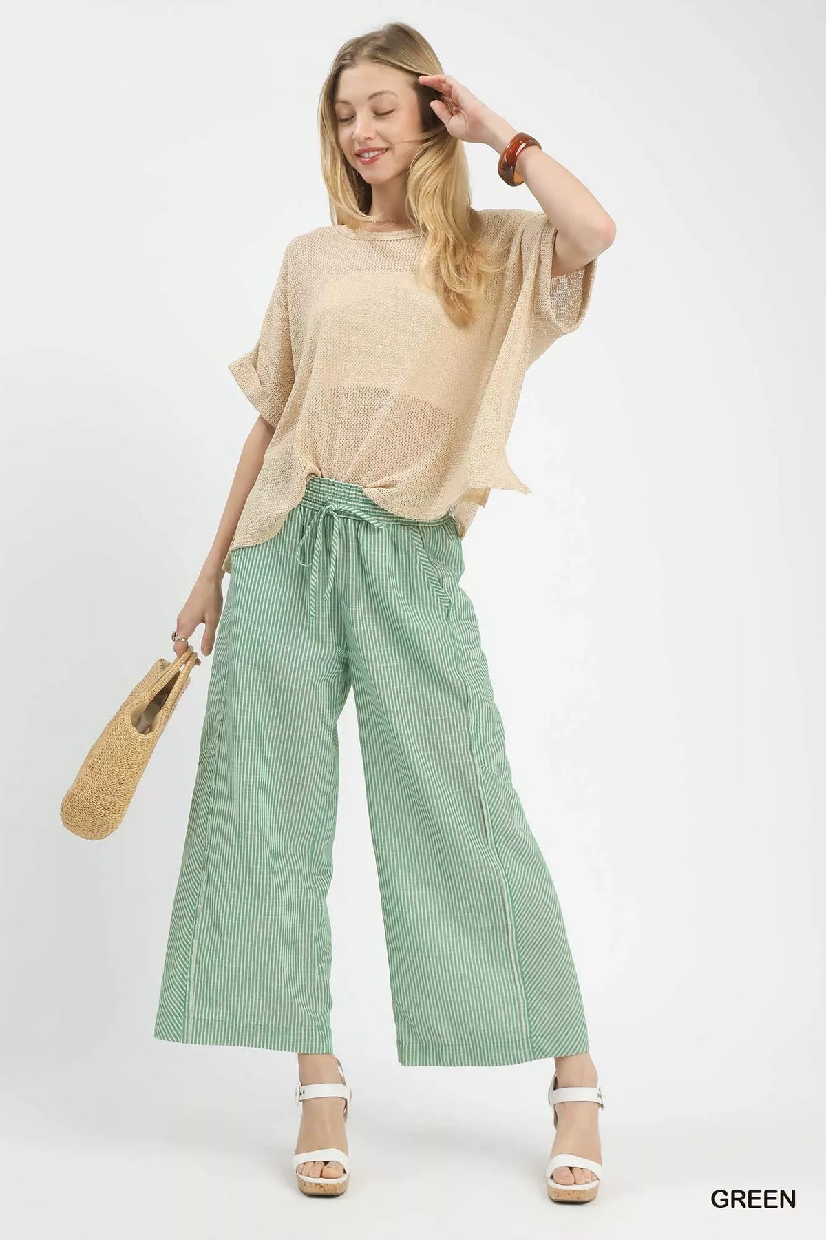Umgee Linen Blend Striped Wide Leg Pants