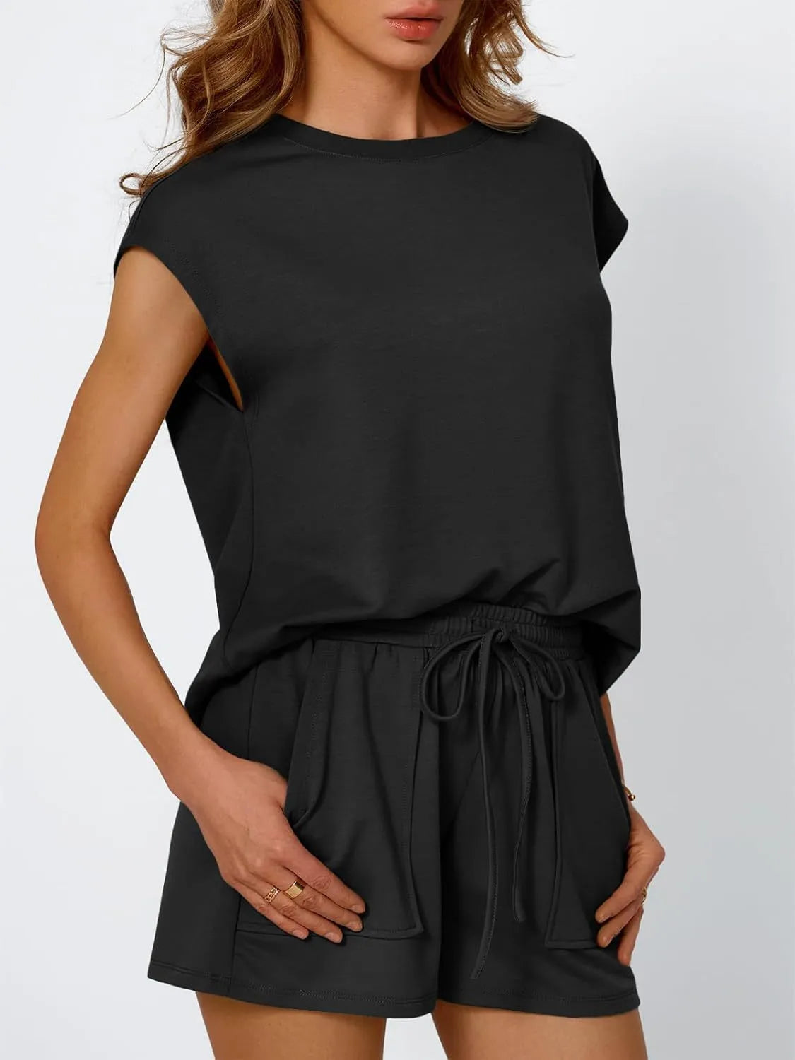 Round Neck Cap Sleeve Top and Shorts Set