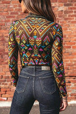 Abstract Print Long Sleeve Stand Neck Mesh Top