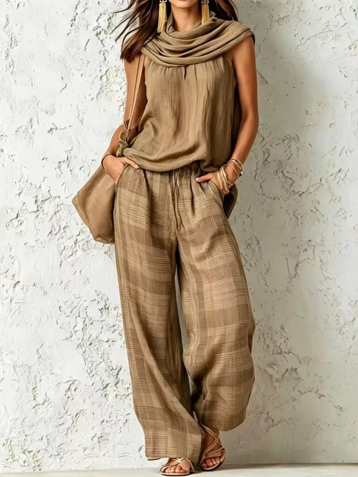 Full Size Sleeveless Cowl Neck Top and Plaid Wide-Leg Pant Two-Piece Set Plus Size