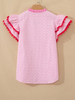 Eyelet Embroidered Flower Texture Contrast Lace Trim Flutter Sleeve Blouse