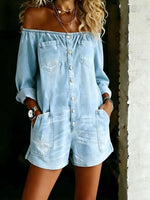 Full Size Button-Down Front Off Shoulder Romper Plus Size