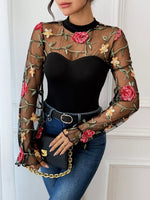 Floral Embroidered Mesh Long Sleeve Bodysuit