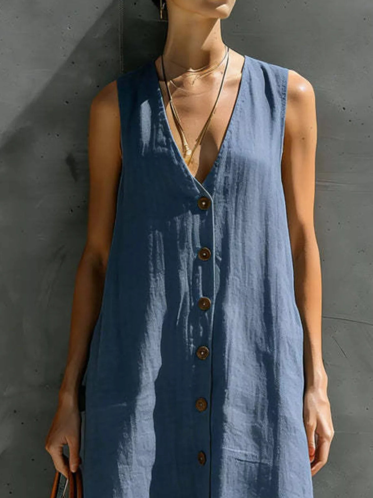 Full Size Sleeveless V-Neck Button-Down Linen Maxi Dress Plus Size