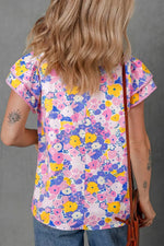 Floral Print Striped Color Block Patchwork V Neck Flutter Sleeve Blouse