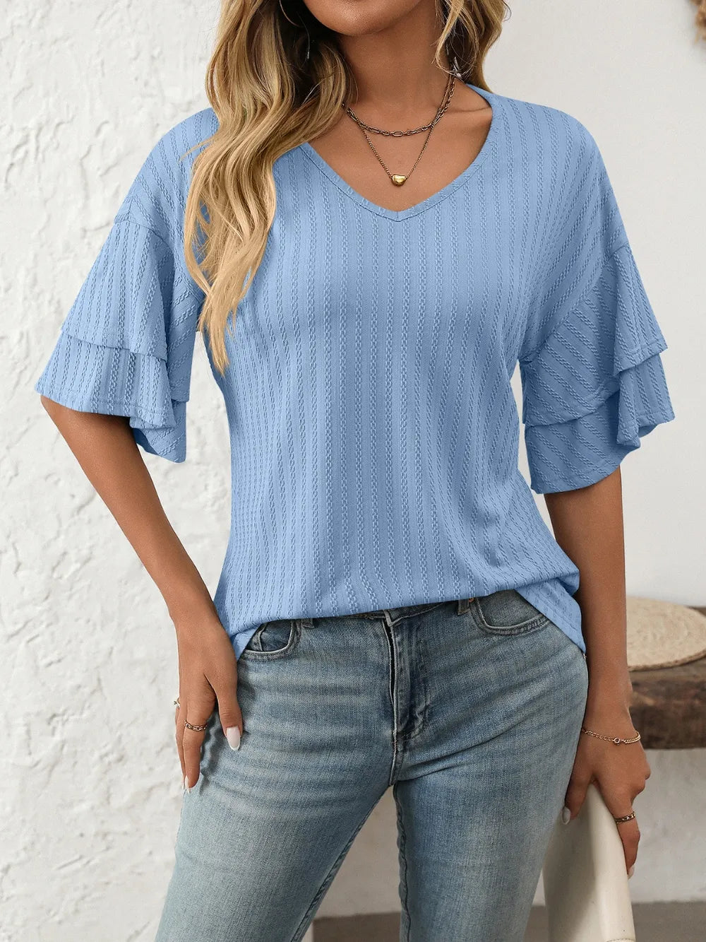 Mandy V-Neck Ruffle Half Sleeve Top