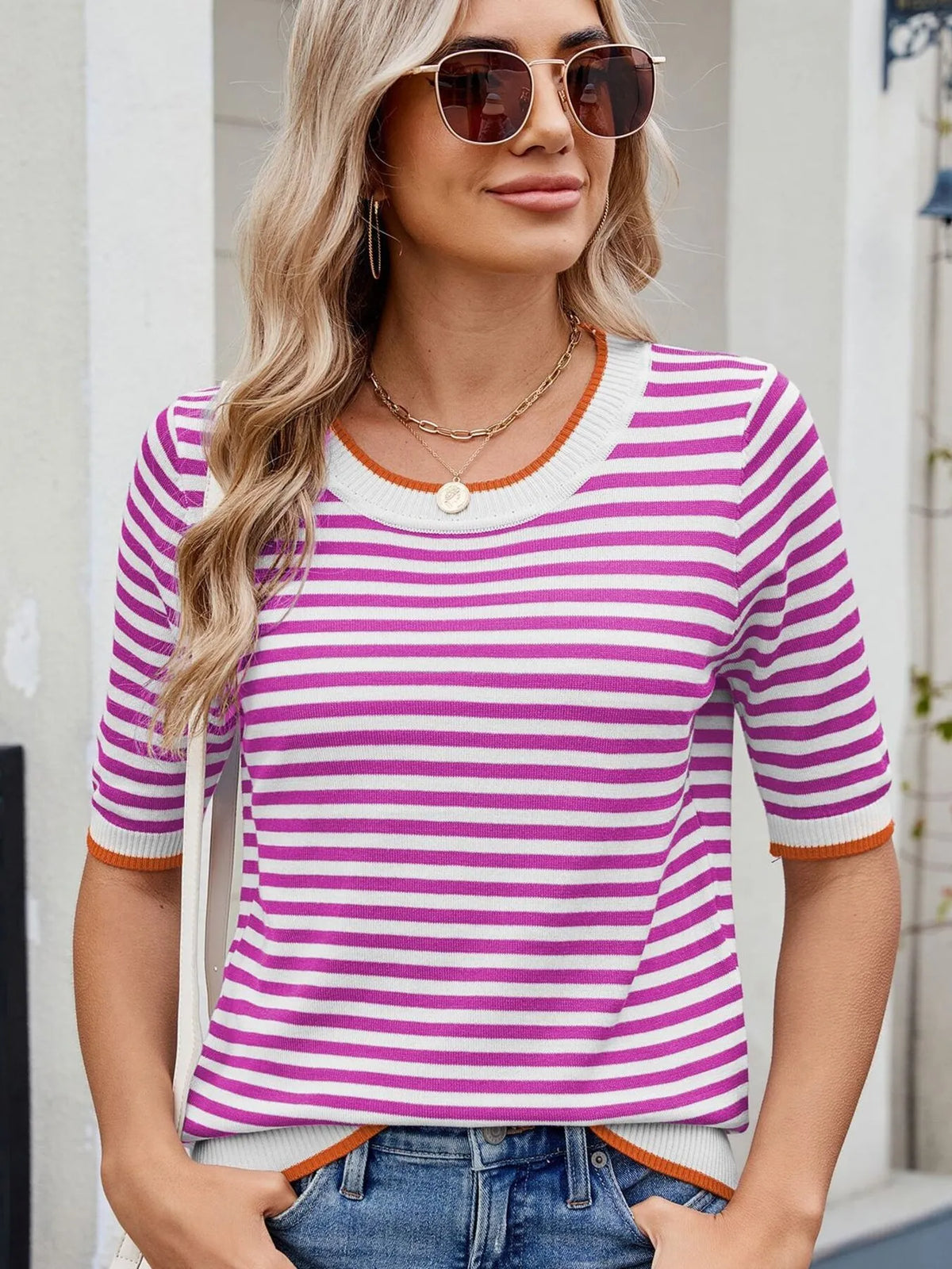 Striped Casual T-Shirt with Contrast Trim