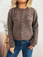 Button-Up Ribbed Hem Cardigan with Chest Pocket