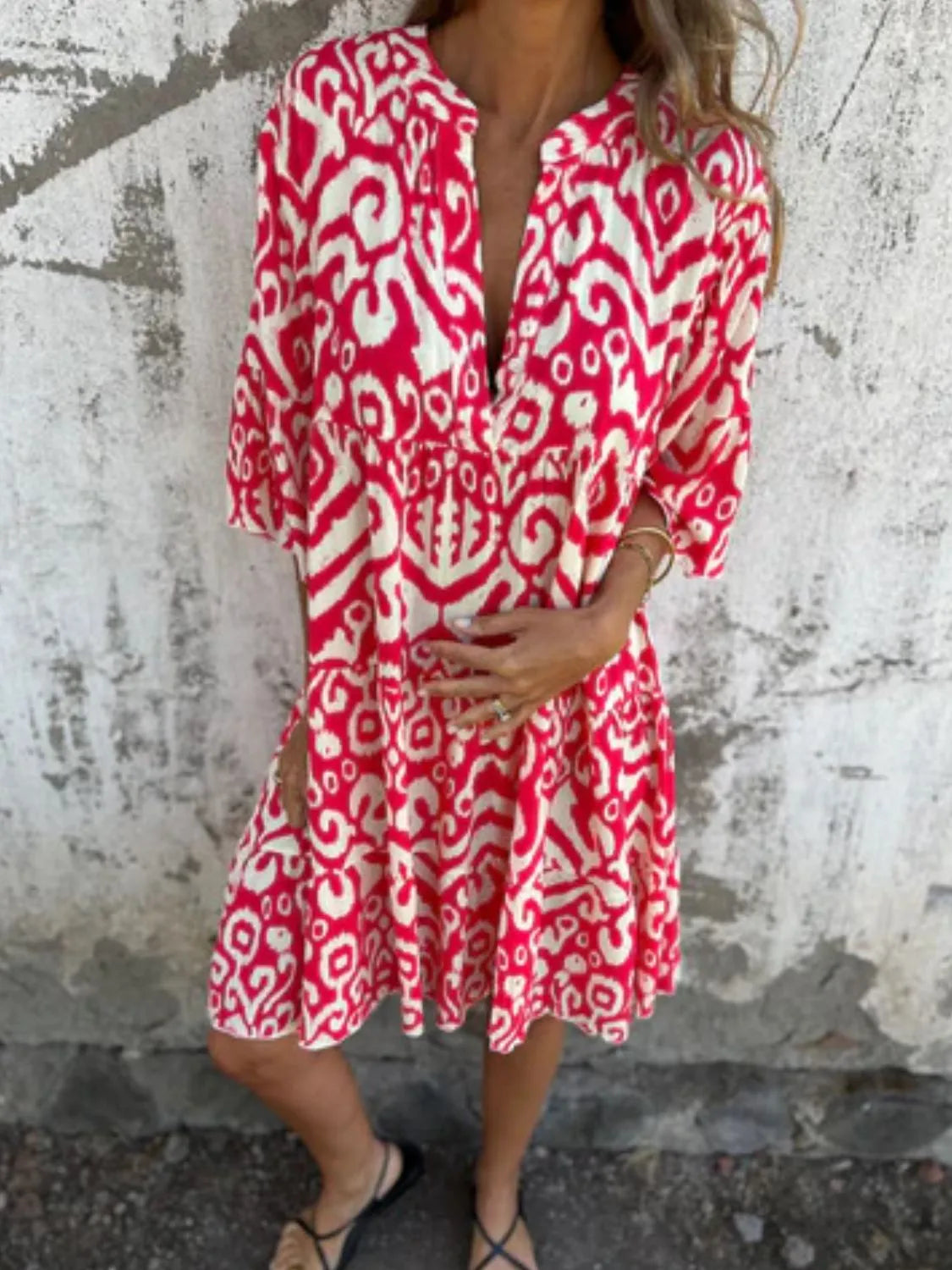 Full Size Printed Notched Half Sleeve Dress Plus Size