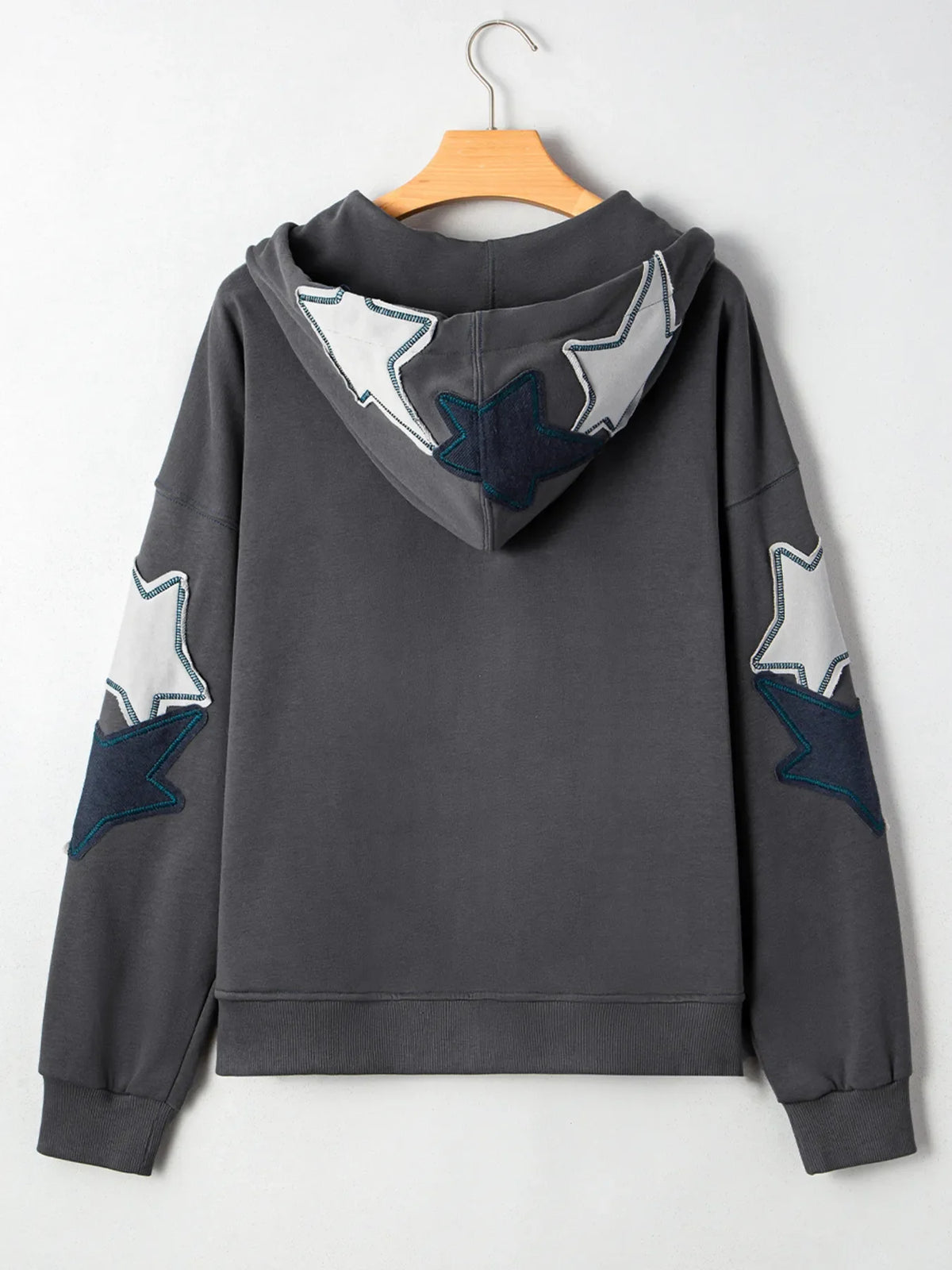 Star Patchwork Contrast Stitching Mineral Wash Kangaroo Pocket Hoodie