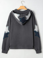 Star Patchwork Contrast Stitching Mineral Wash Kangaroo Pocket Hoodie
